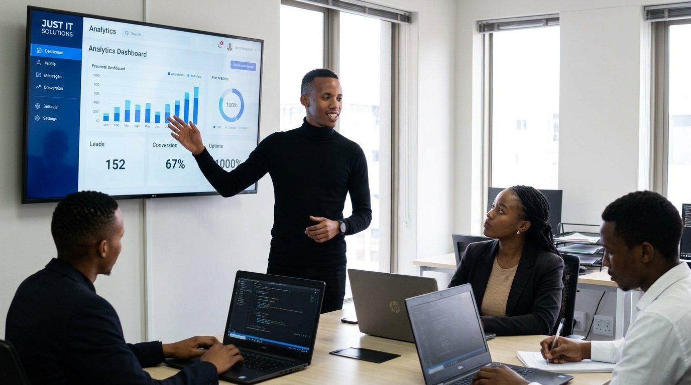 Phenyo, founder of Just IT Solutions, presenting a live analytics dashboard to the team in a modern Johannesburg office